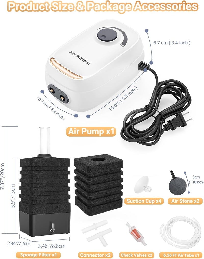Moonorange مضخة هواء حوض السمك 3W/6W، مهوية حوض السمك قابلة للتعديل مع 2 مخرج، مضخة أكسجين قوية وصامتة لحوض السمك حتى 100/200 جالون مع جميع الملحقات. (ترقية تقليل الضوضاء)  - Image 2